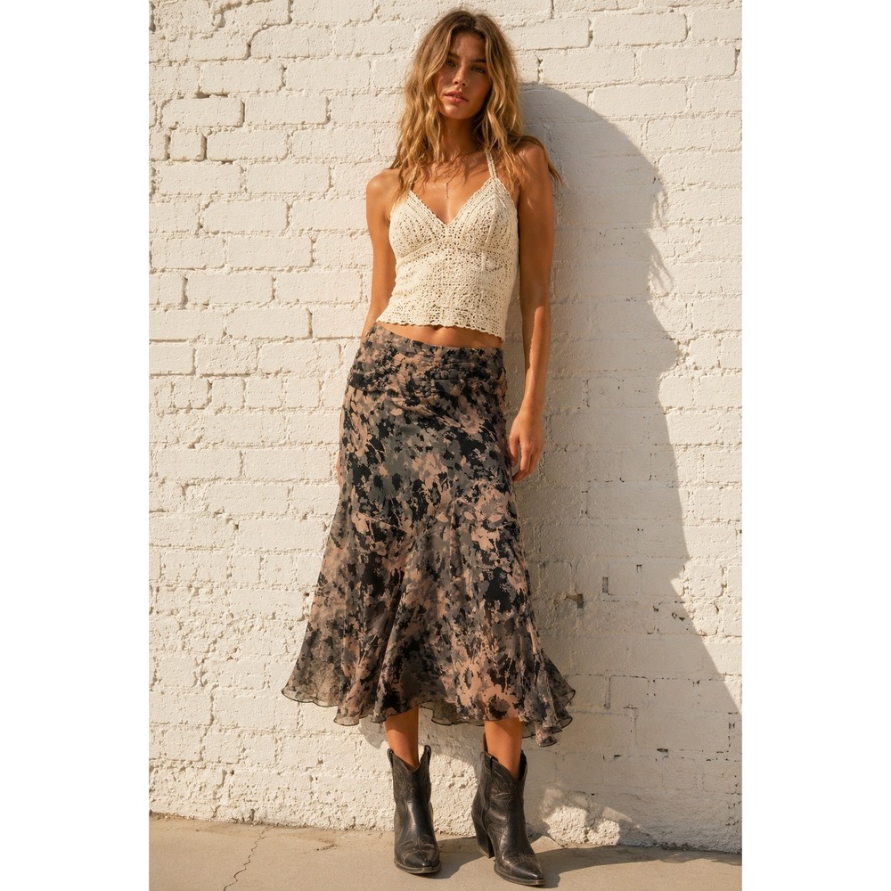 Vintage Axcess Liz Claiborne Floral Chiffon Midi Skirt Ruffle Hem Boho Y2K 14